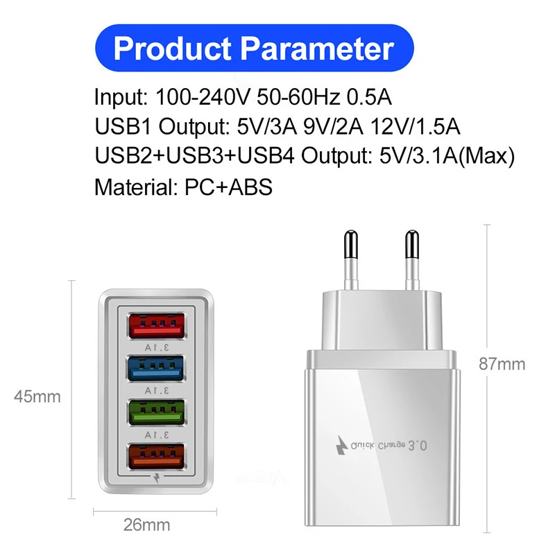 Mobile Phone Chargers 4USB Travel charger Wall Charging For iPhone12 Xiaomi Huawei Samsung Phone Charger Power Supply Adapter