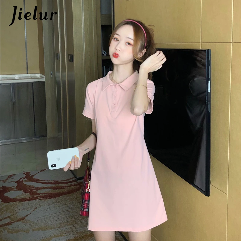 

Jielur New Summer Dress Women Solid Color Slim Chic Short Sleeve Dresses Robe Femme Loose Vestidos Pink Mini Dress M-XL