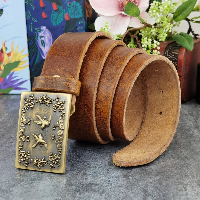 

Vintage Chinese Style Brass Belt Buckle Men's Belt Ceinture 130CM Long Belt Leather Belt For Men Waist Leather Belt MBT0102