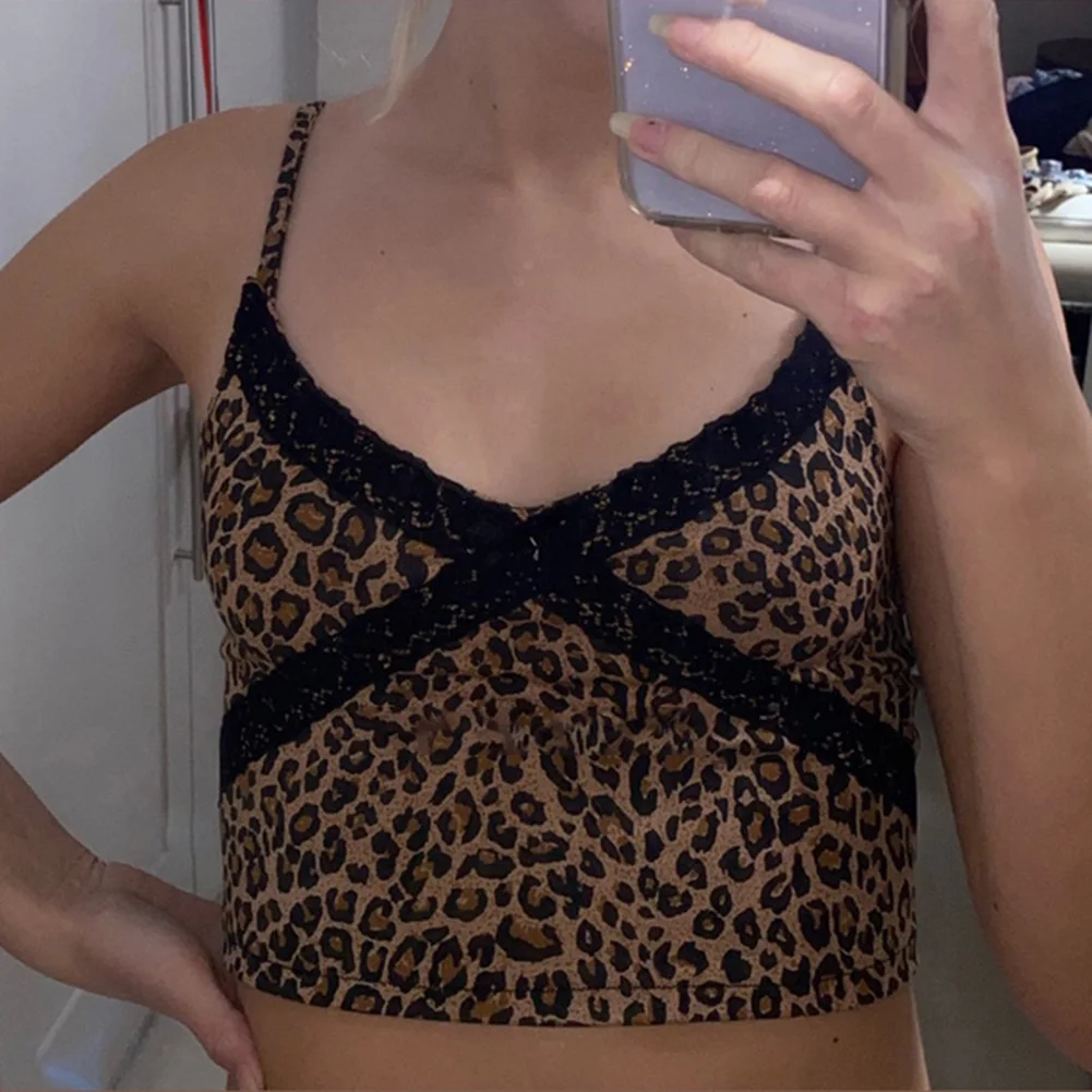 

Leopard Print Lace Y2k Cami For Women Patchwork Crop Tops Tank Tops Sexy Clubwear Streetwear Slim Sleeveless Elegant Tops E Girl