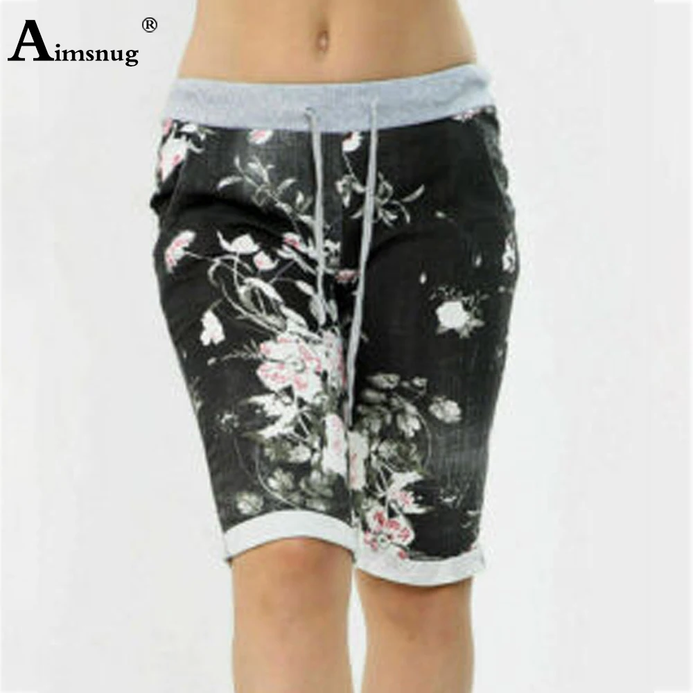 Aimsnug Womens Flower Print Shorts with Pocket Summer Leisure Half Pants Fashion 2021 Ladies Casual Elastic Waist Shorts