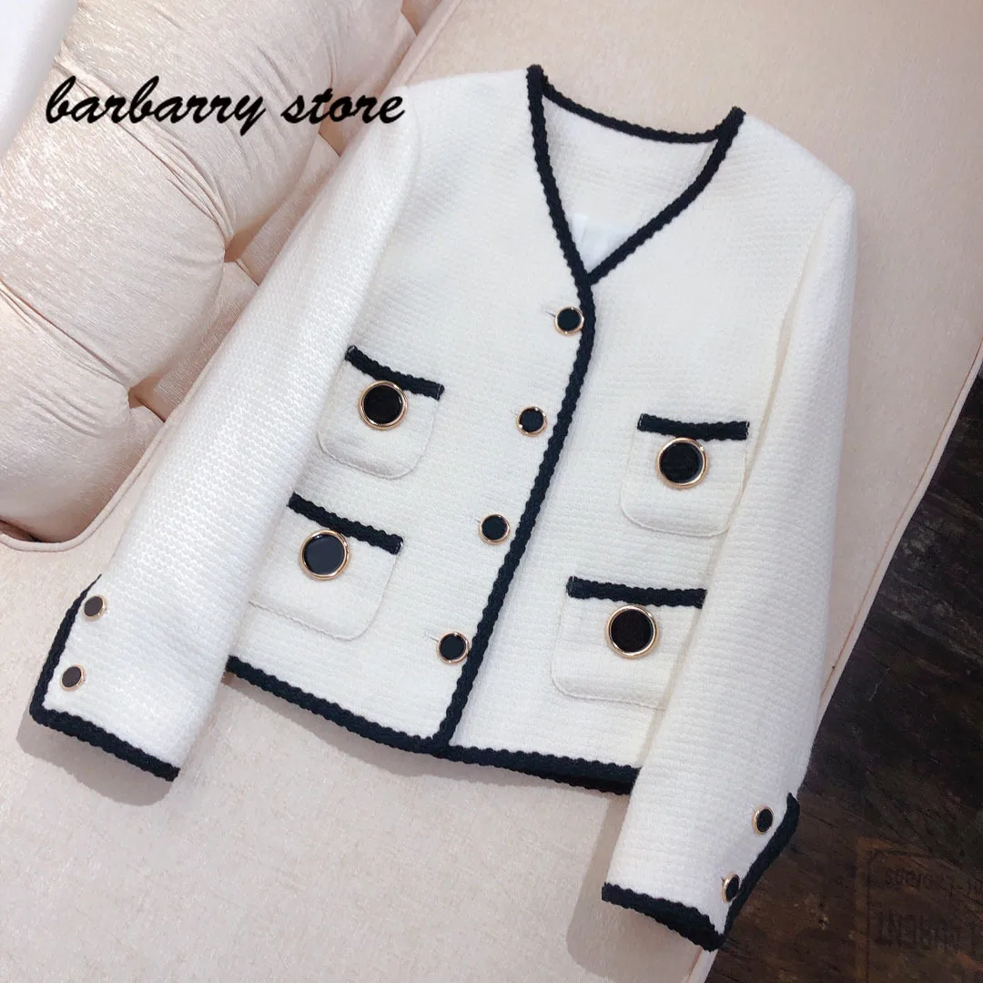 

21 luxury brand letter metal button printing fashion women's top versatile V-neck single breasted pocket tweed long sleeve coat