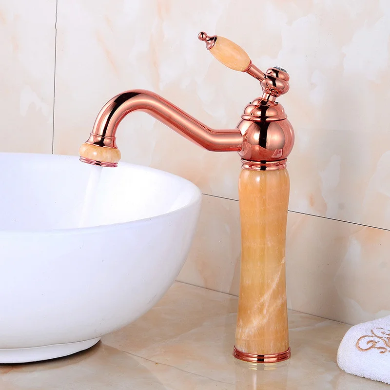 

Rose Gold Bathroom Basin Brass & Marble Sink Mixer Faucets Hot & Cold Single Handle Rotating Deck Mount Lavatory Crane Water Tap