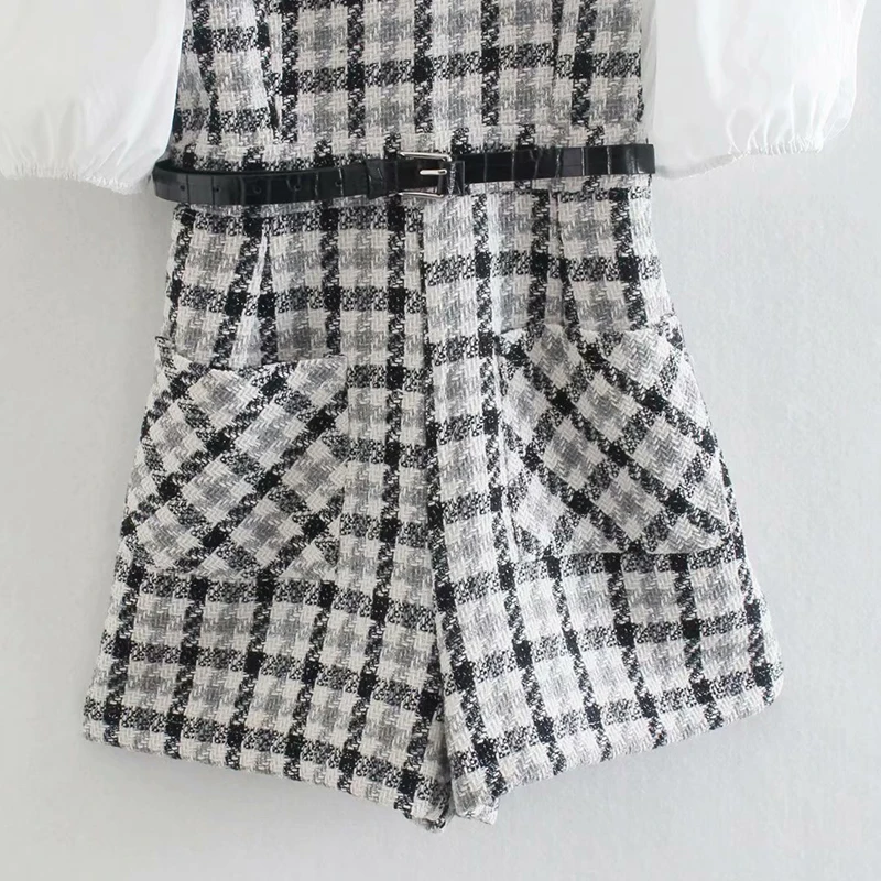 

FELIN Women Slash Playsuits Za Fashion 2021 Sailor Collar Textured Woolen Paneled Mini Jumpsuit Puff Sleeve Bodysuit Mujer Suit