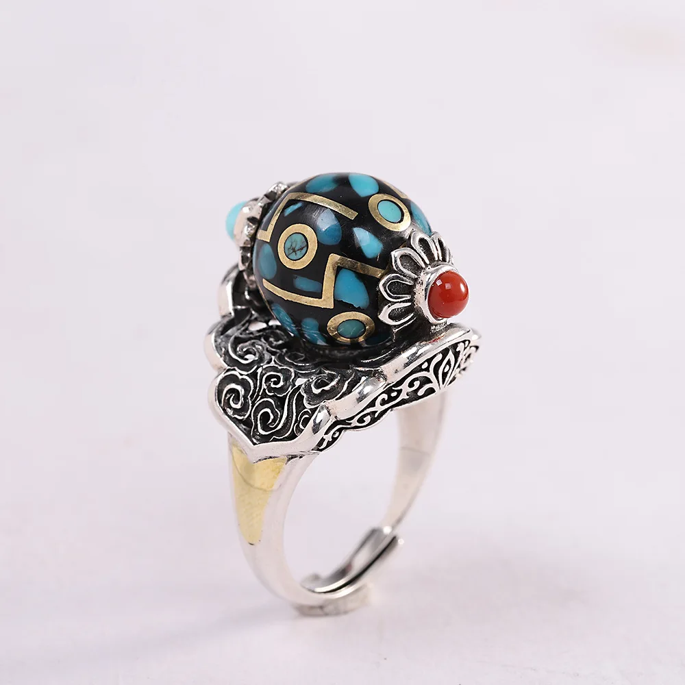 

MetJakt Personality Buddhism Taoism s925 Sterling Silver Dzi Bead Ring