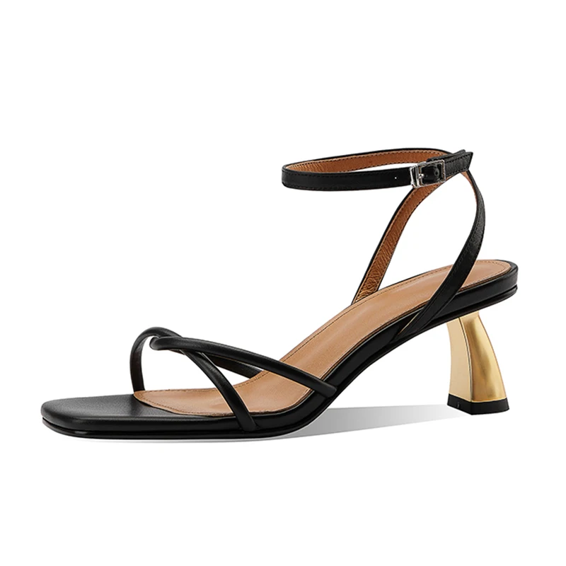 

Concise Design Women Full Genuine Sandals Solid Color Buckle Strap Ankle Wrap Square Toe Dress Party Summer Shoes