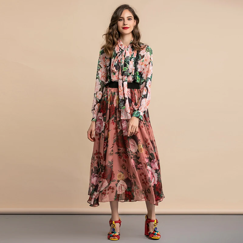 LD LINDA DELLA Autumn Fashion Elegant Blouses Women's Bow Collar Pleated Lace Floral Print Vintage Shirt Holiday Casual Tops