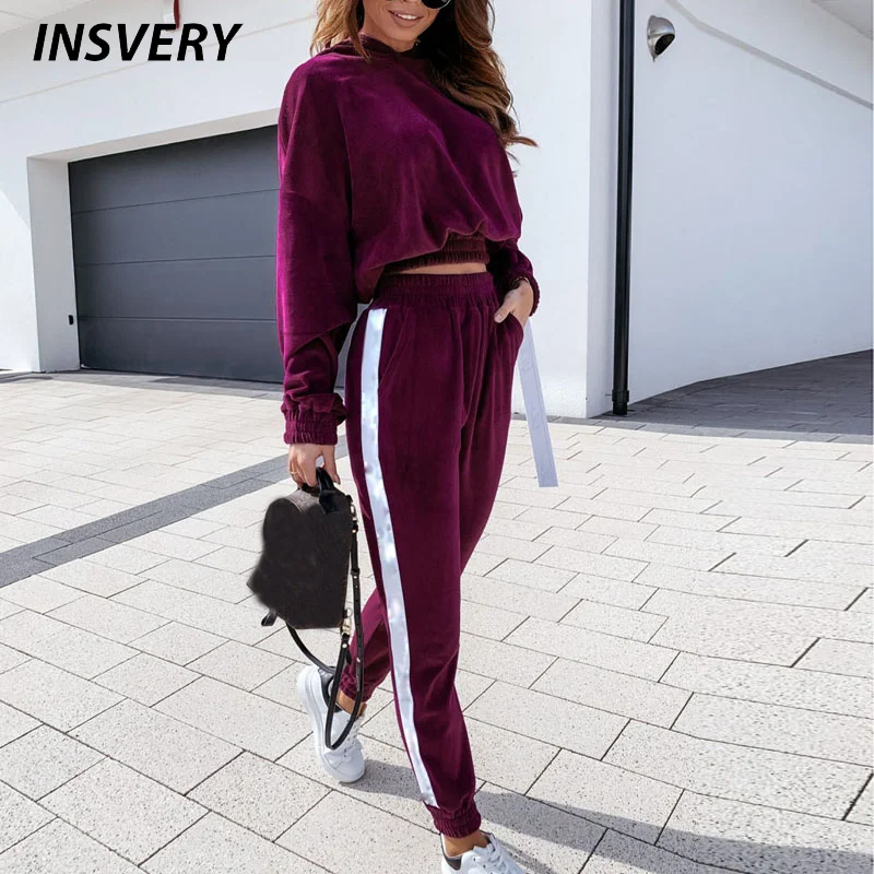

Tracksuits For Women 2 Pieces Sets Striped Tops And Pants Women Velvet Suits Casual Ladies Elegant Solid Color Stitching Suit