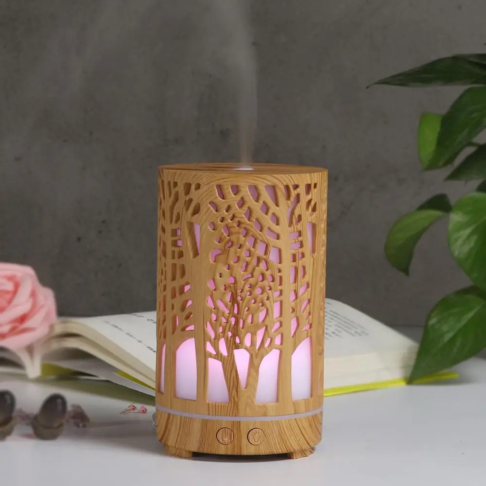 

200ml Ultrasonic Air Humidifier Forest Aroma Essential Oil Diffuser Hallow Wood Grain 7 Color LED Aromatherapy Humidificador