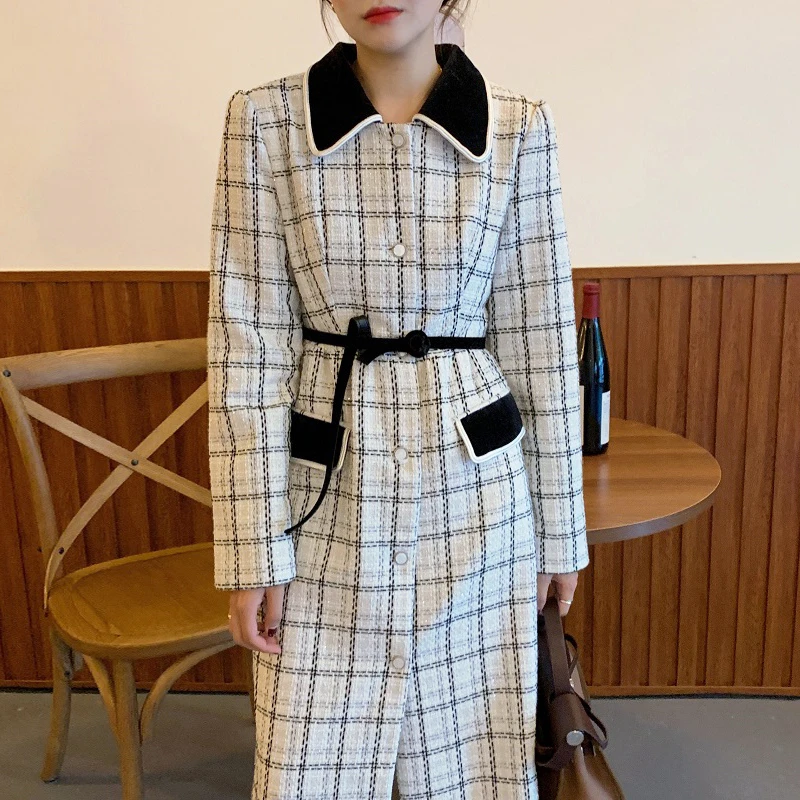 

Женское шерстяное пальто с воротником в клетку, длинное утепленное пальто с лацканами, A169, зима-осень 2021