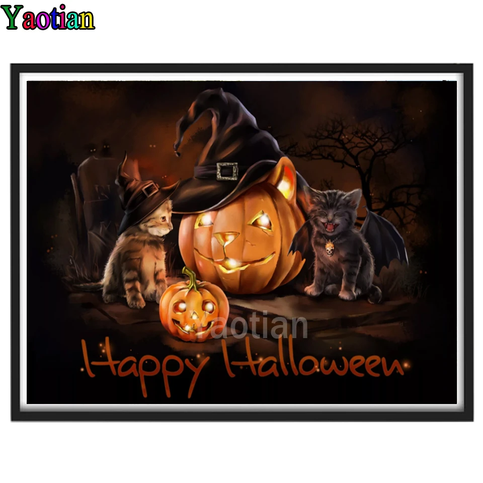 

Diamond Embroidery Happy Halloween Diy Diamond Painting Cross Stitch Kits Cat And Pumpkin Mosaic Accessories Adult Crafts Decor