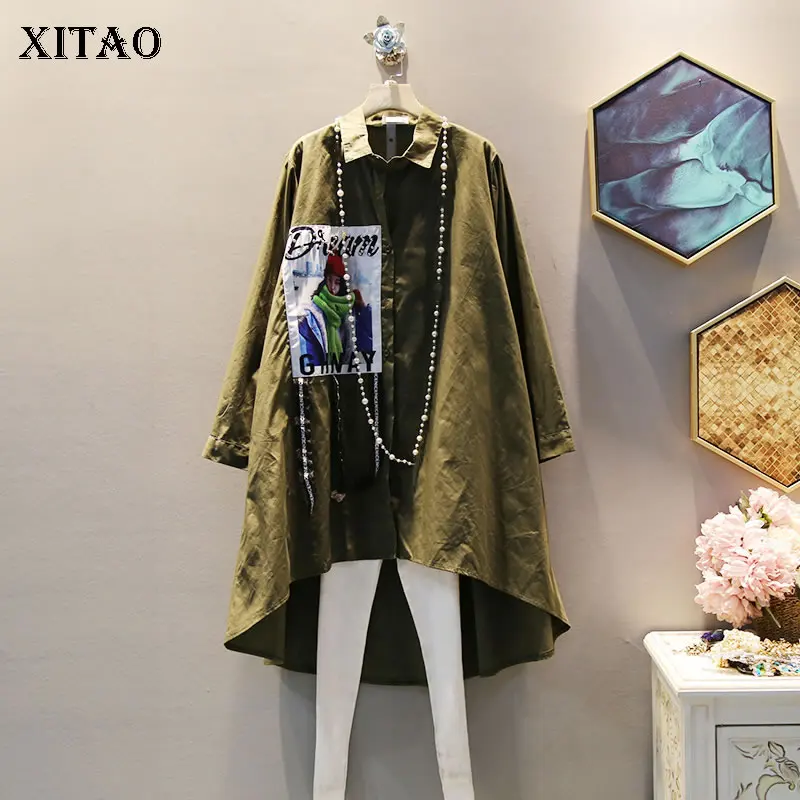 atrovirens GCC1449 XITAO плиссированная блузка с бисером Женская корейская мода новинка осень отложной воротник однобортный Асимметричный длинный рубашка GCC1449 - Цвет: atrovirens GCC1449