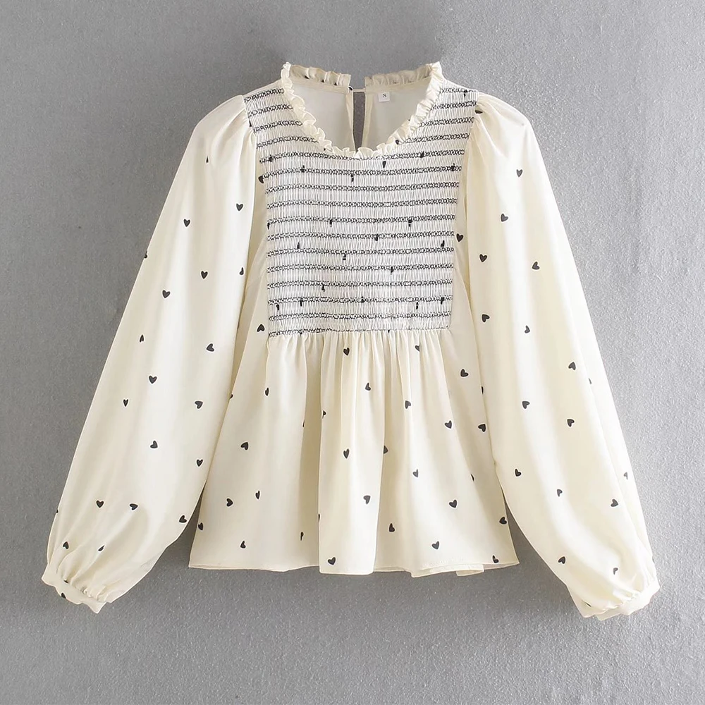 

2021Women's Autumn New Heart-shaped Printed Shirt Stitching Top Short Fashion Puff Sleeve Female Chic Pullover Muje