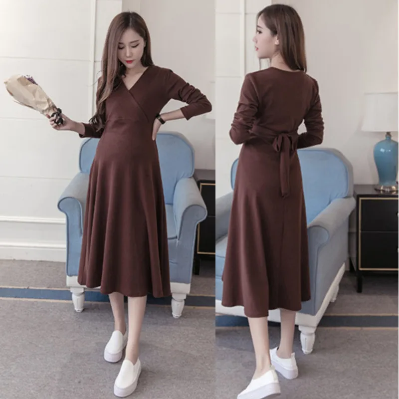 Свободные платья для будущих уход за матерью с поясом и длинным рукавом