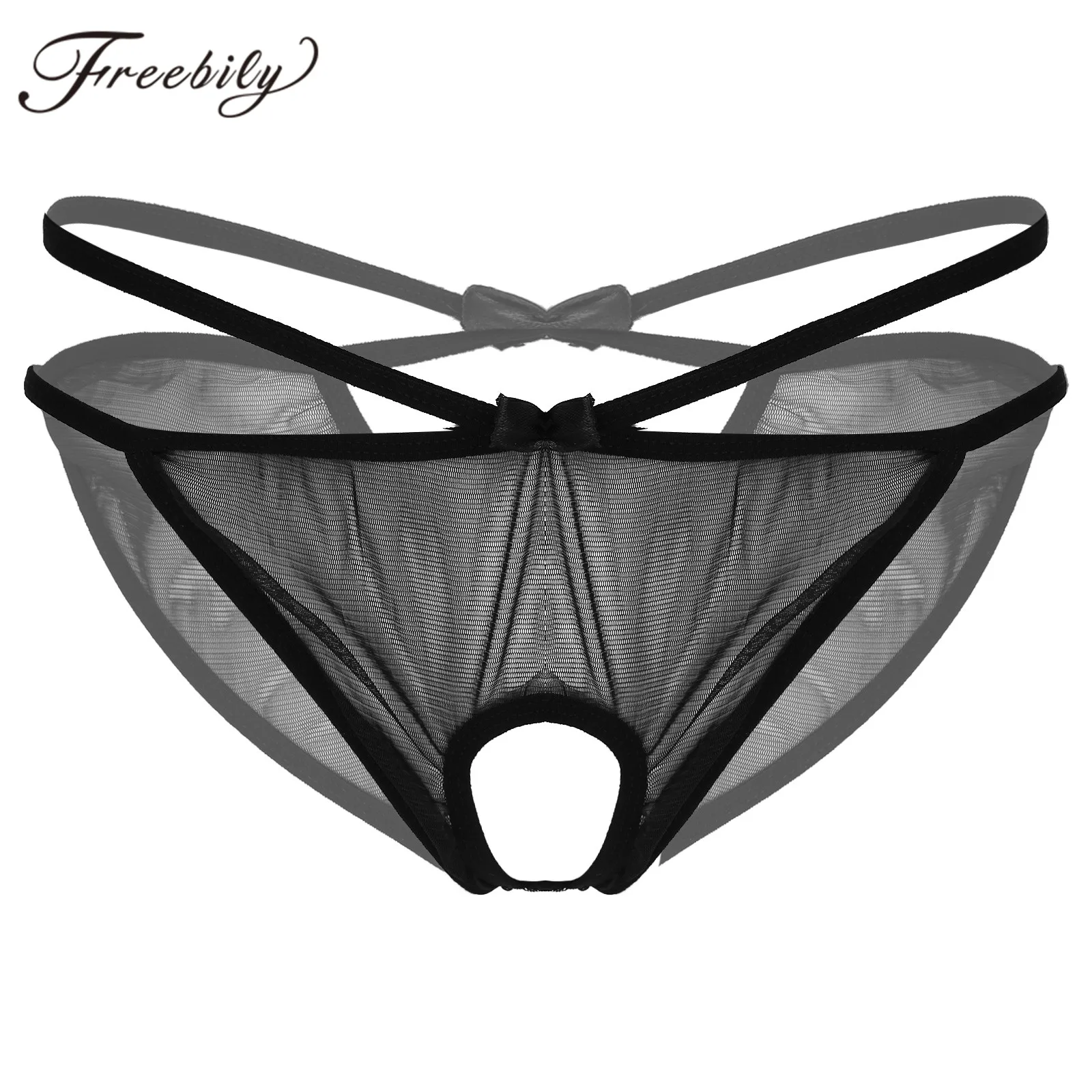 

Womens Lingerie See-through Mesh Crotchless Briefs Low Waist Underpants Cut Out Back Bowknot Panties Elastic Waistband Underwear