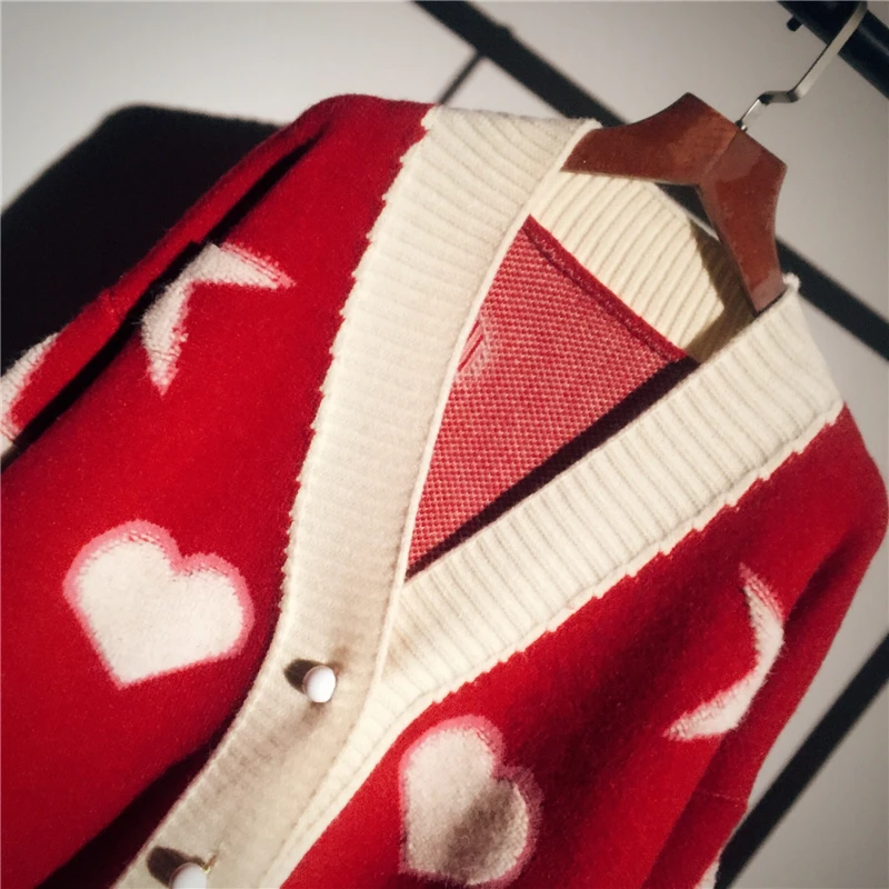 

Hsa Women Winter Knit Cardigans V neck Pearl Beading Sweet Heart Cardigans Oversized Knit Jacket Thick Warm Christmas Coat