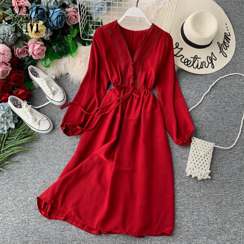 Женское кружевное платье миди с v образным вырезом и поясом средней длины высокой