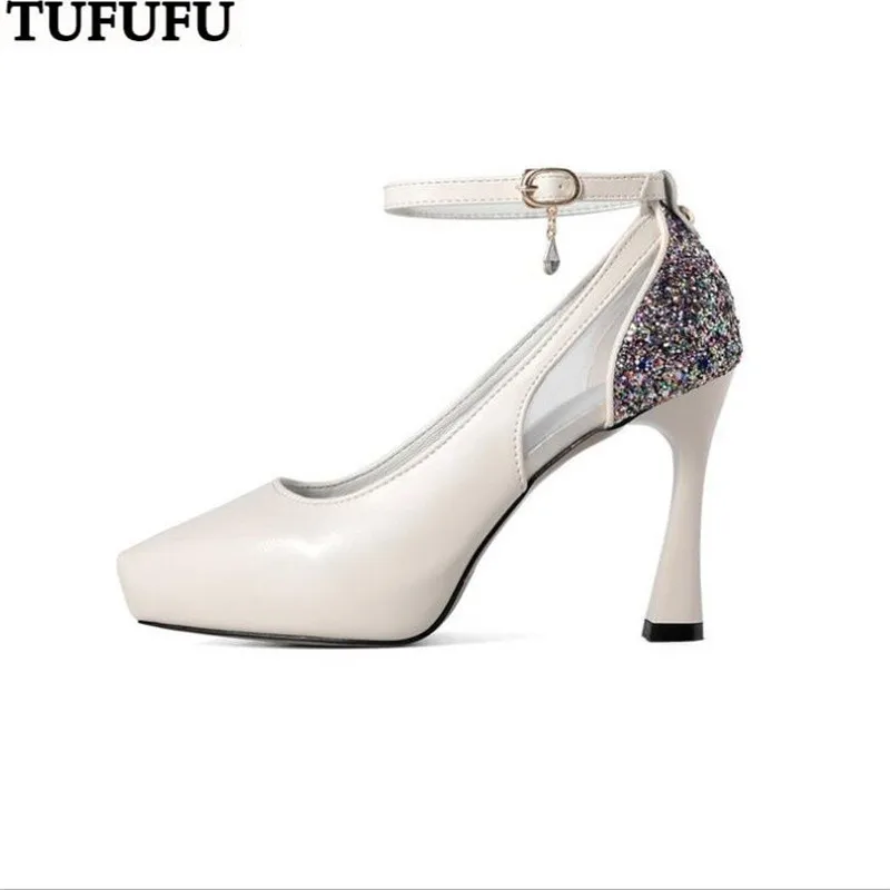 

Туфли-лодочки женские на высоком каблуке, пикантные вечерние туфли из кожи, на толстом каблуке, с круглым носком, для невесты, офисные дамски...