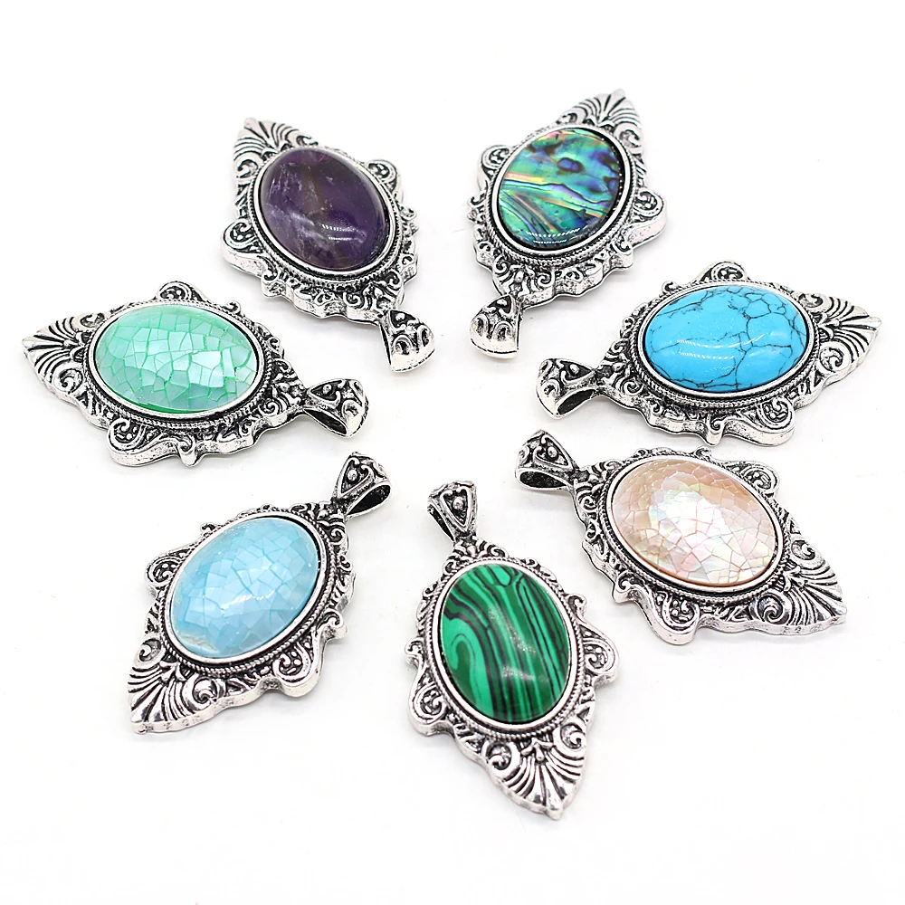 

Natural Stone Pendant Egg Shape Malachites Turquoises Pendant Charms Zinc Alloy Lace for Making Jewelry Necklace Size 30x55mm