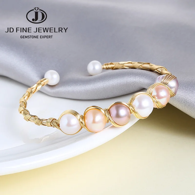 

JD Original Natural Fresh Water Round Pearl Adjustable Bangle Bracelet For Women Wedding Gold Plated Luxury Fine Jewellery