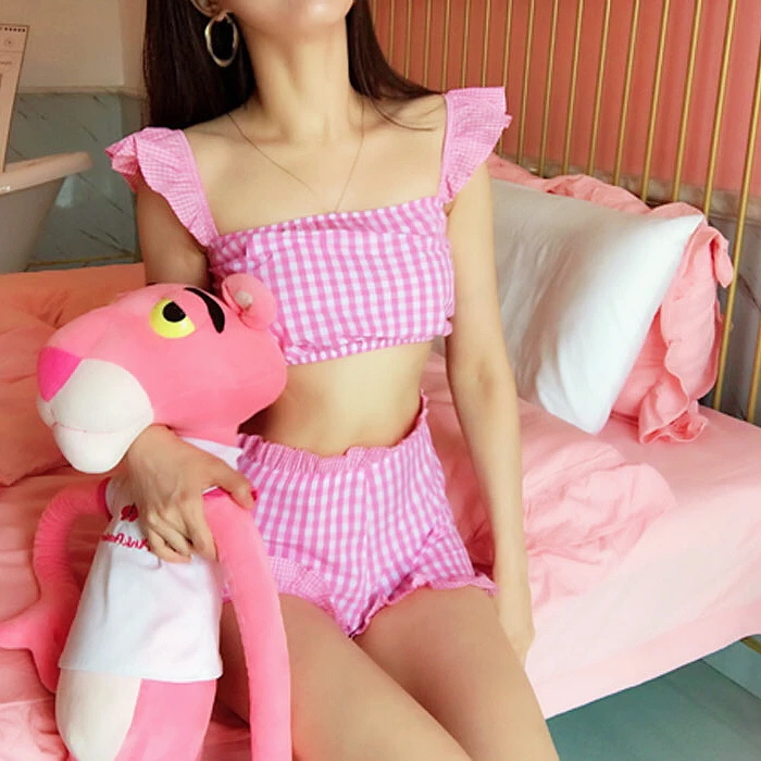 Милый розовый клетчатый комплект с укороченным топом на завязках сзади и шортами