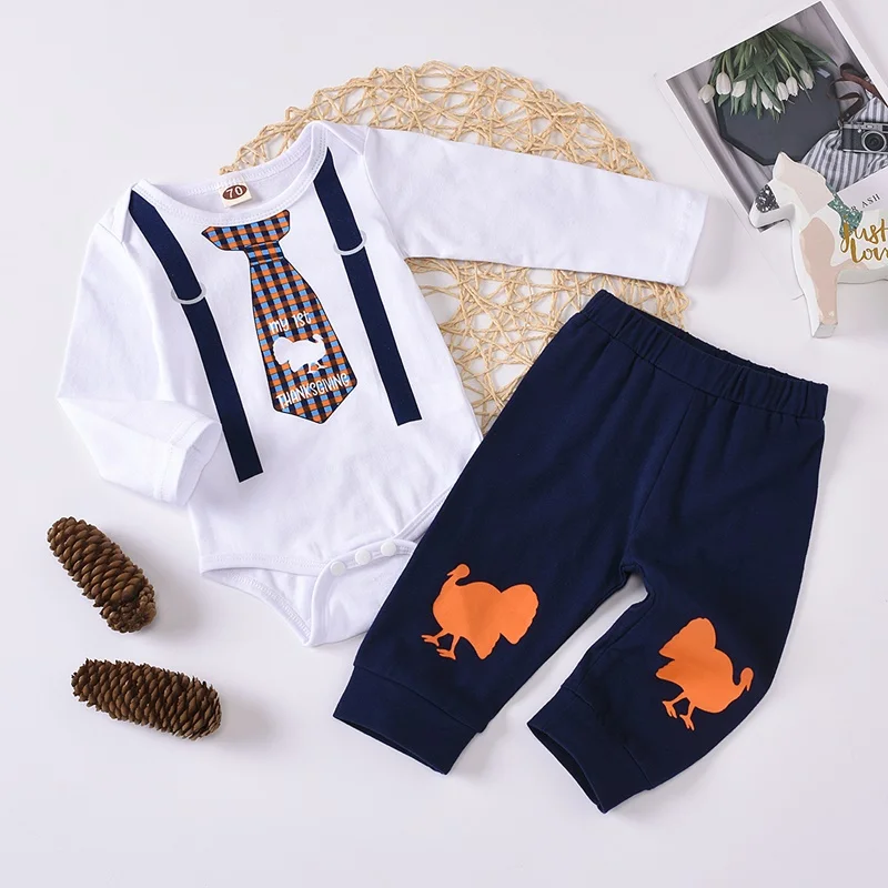 

Baby Boy Clothes Set Two Pieces Tie Print Cotton Long Sleeve Romper Tops+cartoon Animal Chickens Trousers Party Wedding 0-18M