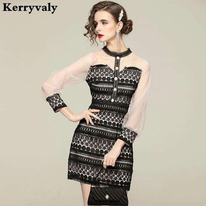 

New 2021 Spring Women Water Soluble Lace Stitching Mesh Small Black Dresses Vestido Feminino Vestidos Mujer K8122