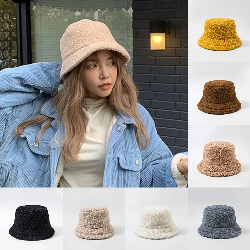 

Unisex Wool Furry Round Bucket Hat Warm Fisherman Hat Girl Winter lamb Wool Furry Hat 2020 Korea Wide Brim Outdoor Sunscreen Cap
