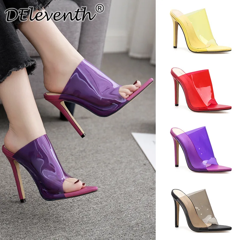 

2020 Concise Fashion PVC Woman Sandals Transparent Sandals Pointed Toe 11.5CM Thin Heels High heels Slip On women shoes red