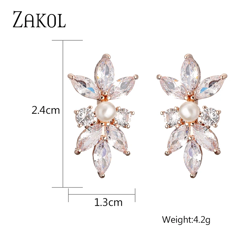 ZAKOL Fashion Simple Copper Alloy AAA Cubic Zirconia Stud Earrings for Women Cute Pearl Leaf CZ Wedding Earring Jewelry EP3156 | Украшения