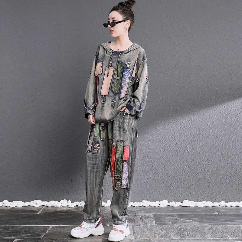 売却 デニムツーピースセットジーンズスーツフード付きパッチジーンズパンツ流行の女性の服の高級ヒップスター韓国部屋着レトロ2ピースセット