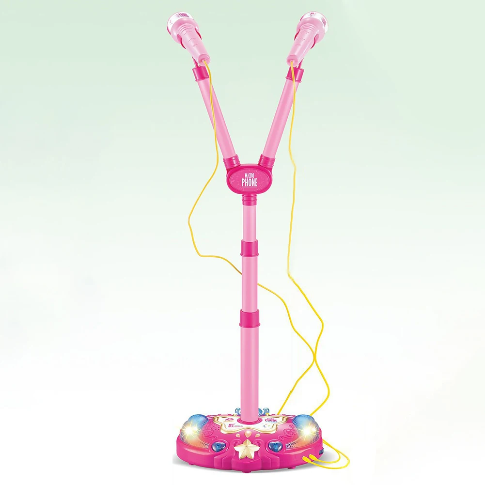 Funny Double Microphone With Light Adjustable Stand Early Education Music Instrument Kids Sound Girls Wired Home Karaoke Toy | Игрушки и