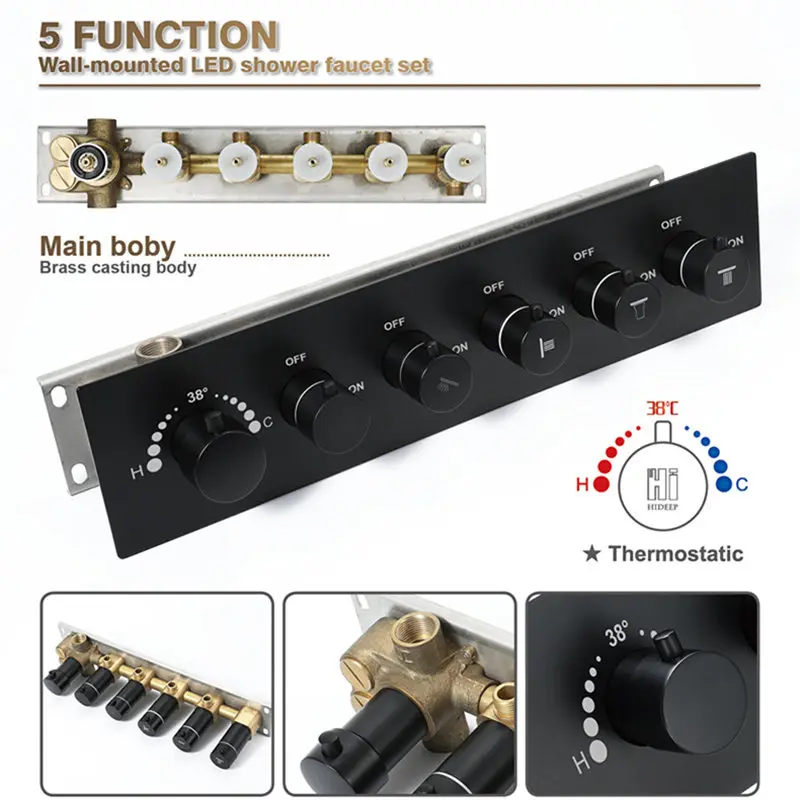 Термостатический черный душевой набор многофункциональный дождевой водопад