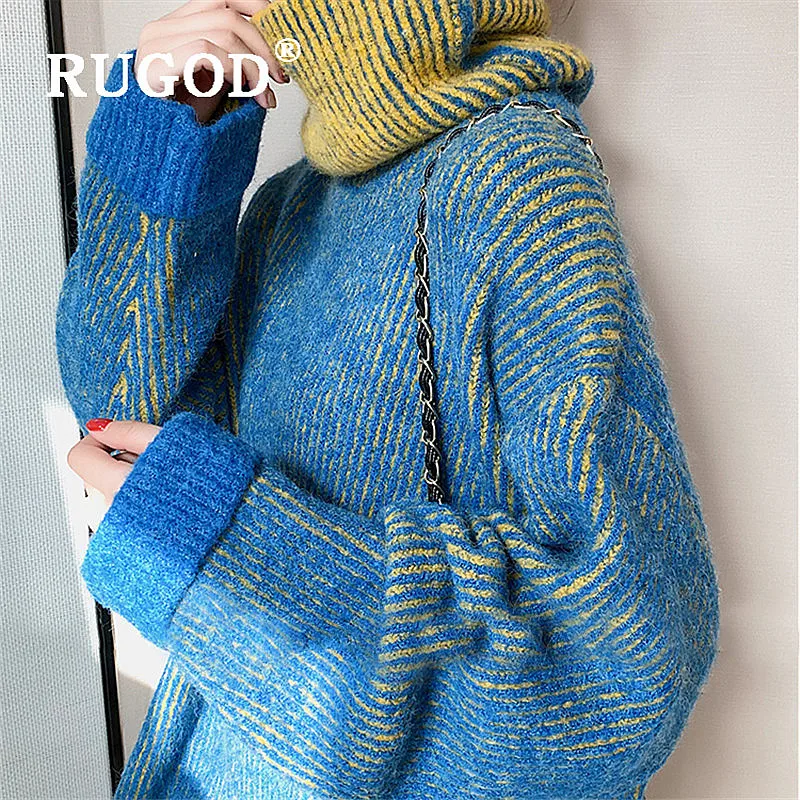 Женский пуловер с ворсом RUGOD элегантный воротником-стойкой большие размеры