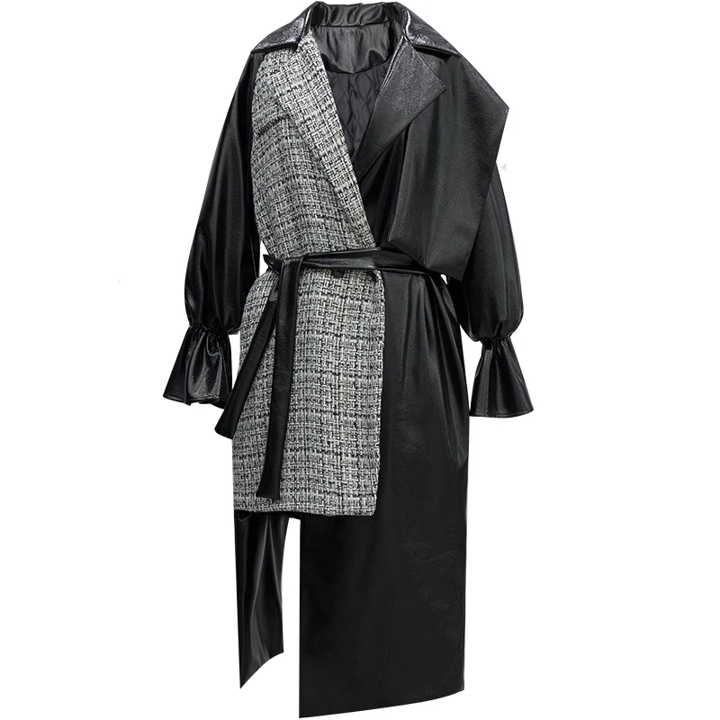 Женское твидовое пальто CHEERART длинное лоскутное из искусственной кожи и шерсти