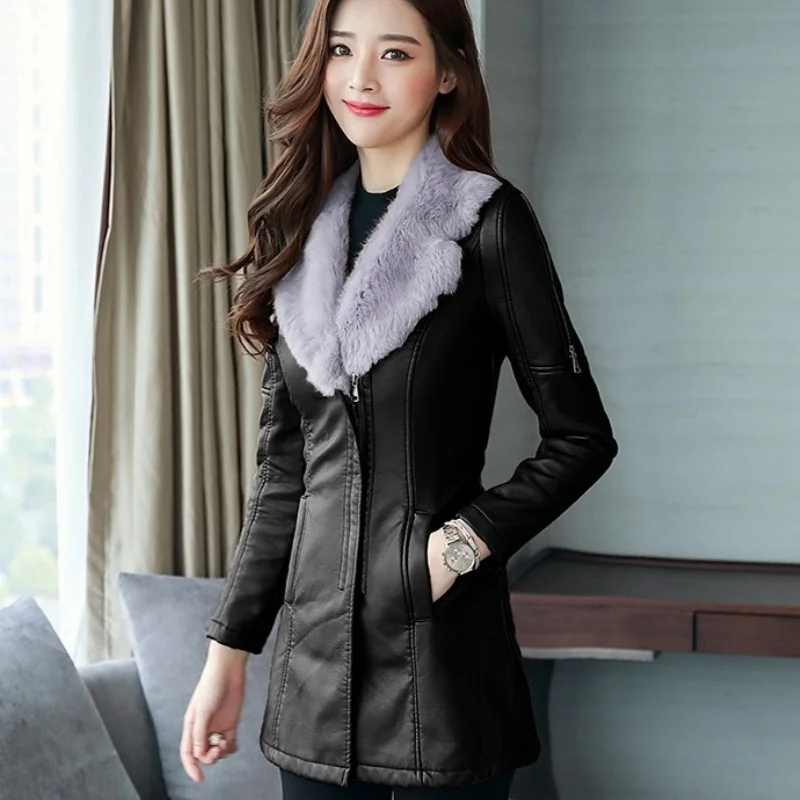 Fur Fashion Collar Slim Faux Leather Coat New Winter Thick Warm Jacket Women PU Leather Coat Korean Female Overcoat Parkas