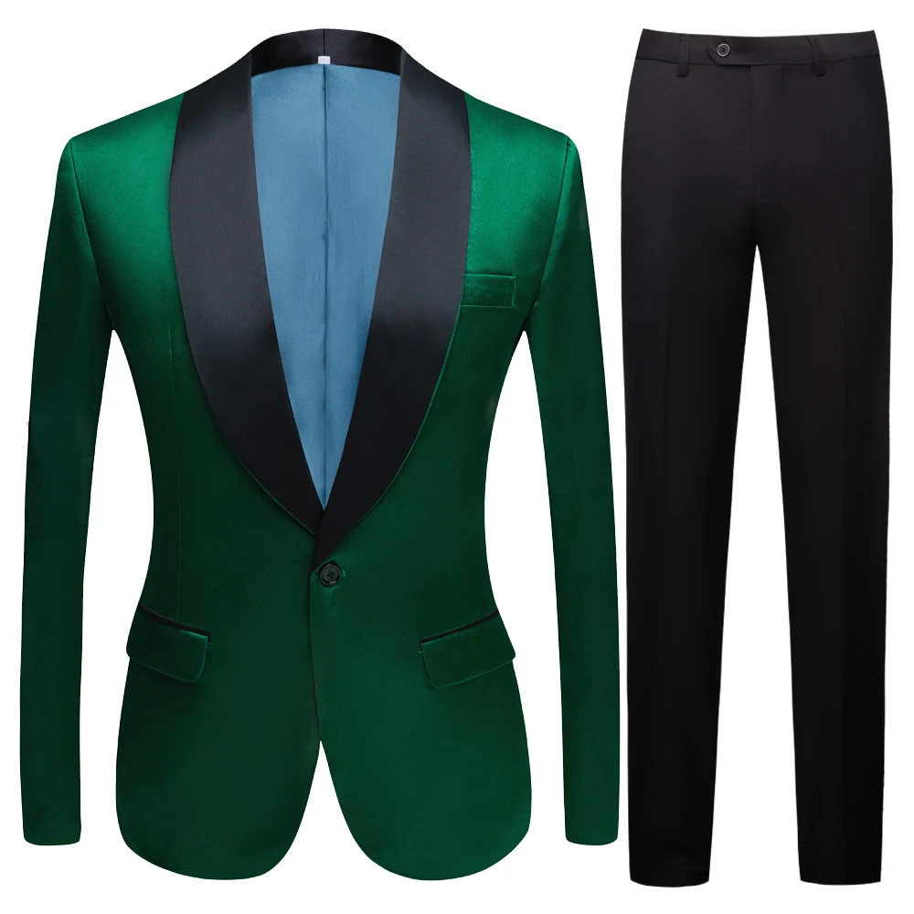 

Men Skinny 2 Pieces Set Green Formal Slim Fit Tuxedo Prom Suit / Male Groom Wedding Blazers High Quality Coat Pants
