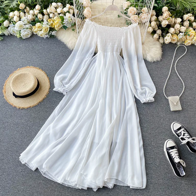 

White Dress Elegant Fairy Chiffon Off Shoulder Dress Maxi Long Sleeve Sexy Beach Dresses Women Boho Autumn Clothes 2021 Vintage