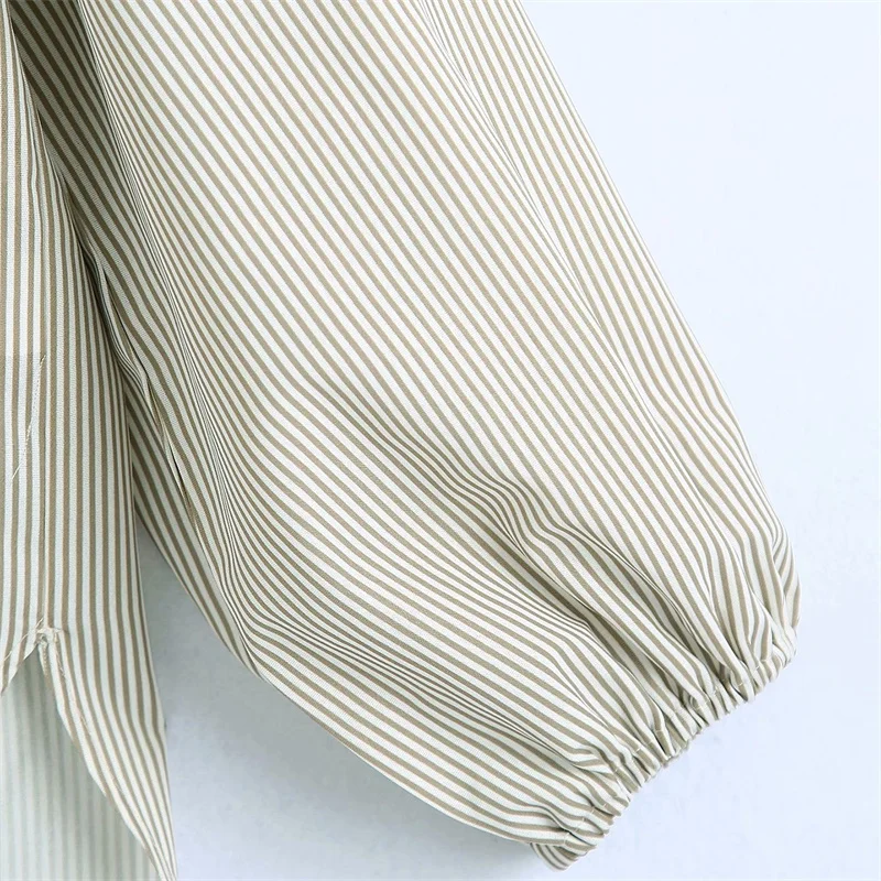 

Za Striped Polo Blouses Women Casual Lapel Long Puff Sleeve Summer Tops Chic Back Pleat Side Vents Hem Button Female Blouse Ra