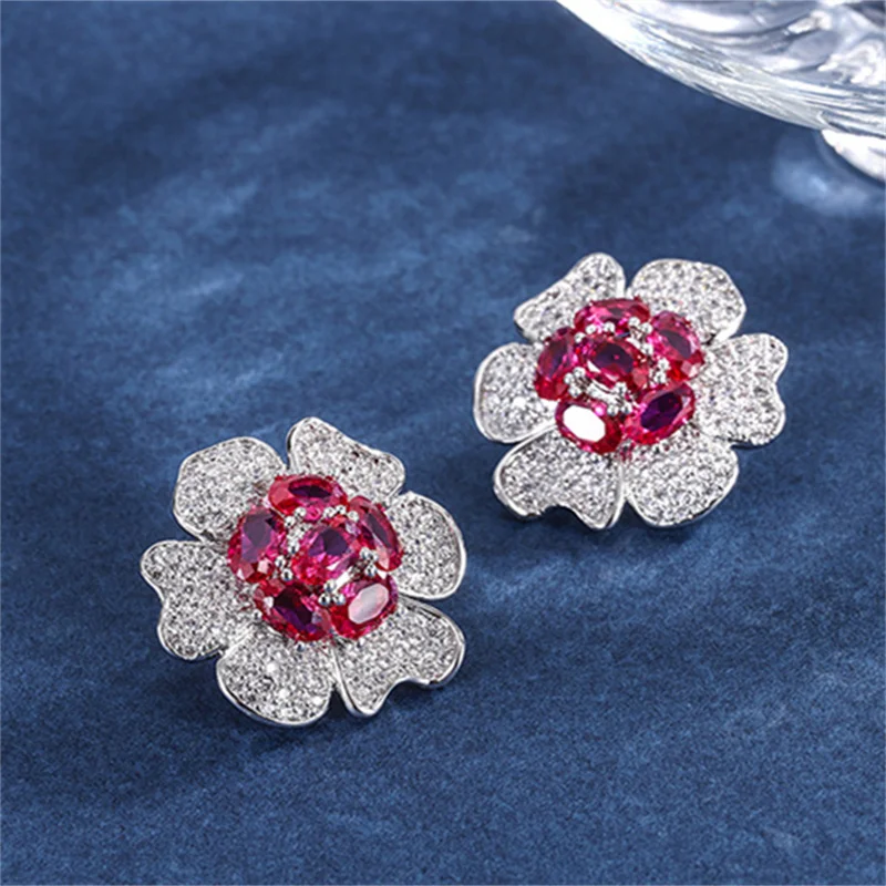 

QTT Elegant Female Flower Stud Earrings for Wedding Gift Sweet Girl Fresh Accessories Dazzling Zirconia Jewelry