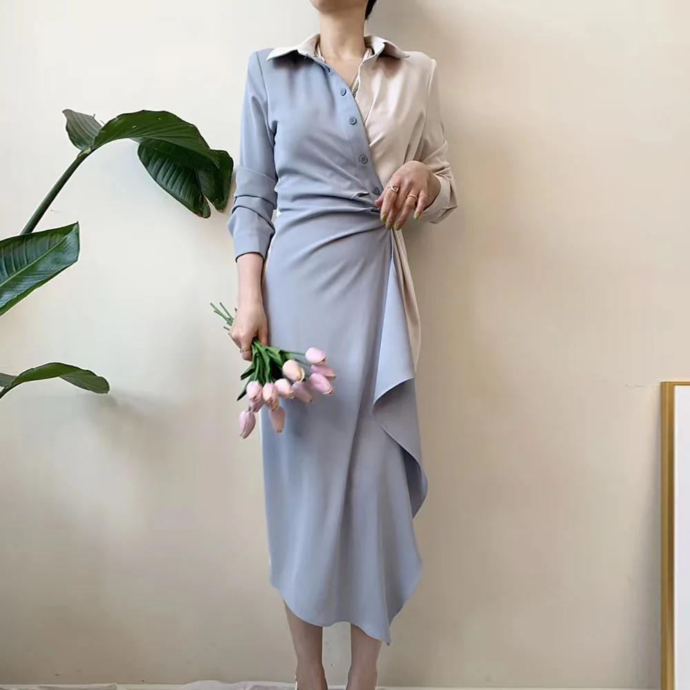 Женское асимметричное платье рубашка офисное контрастных цветов с рюшами