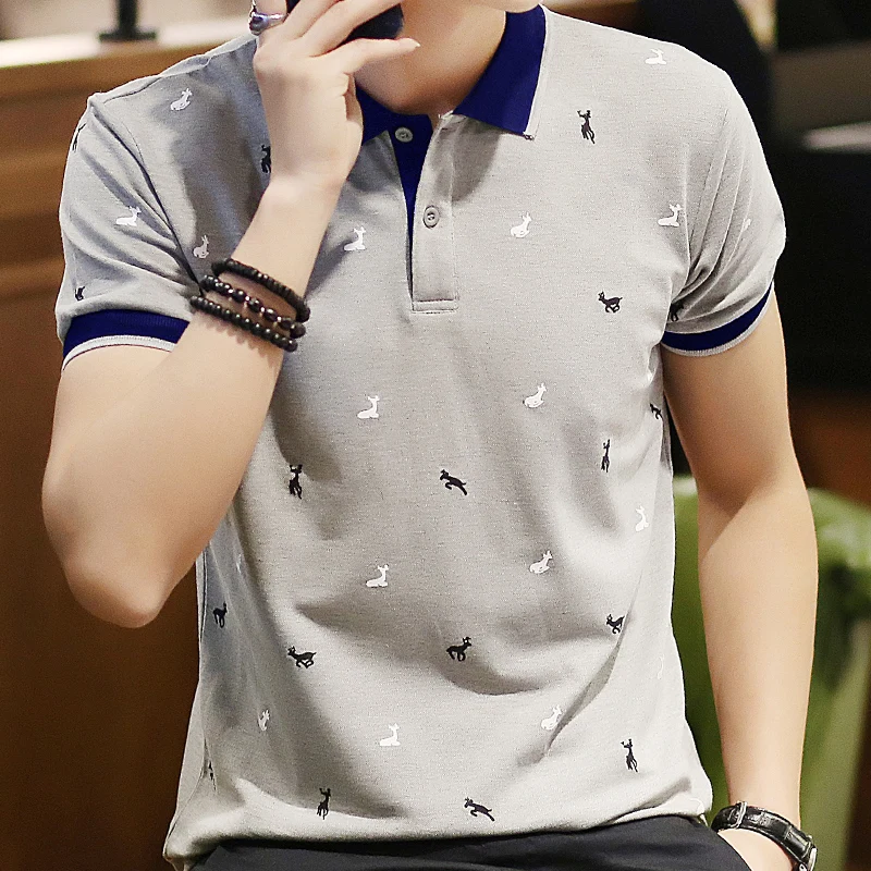

2021 Summer New Style Deer Print Top Quality Men's Polo Shirt Pique Cotton Short-Sleeved Casual Breathable Lapel Men's Shirt