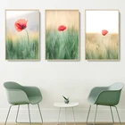 Настенная картина с красными цветами, искусство на холсте, трава, картина, декор для гостиной в скандинавском стиле