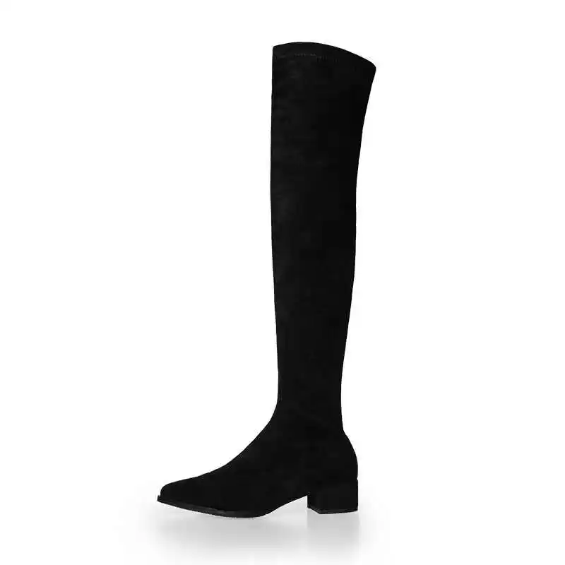 

Lenkisen basic concise fashion solid flock stretch boots pointed toe med heels winter streetwear women over-the-knee boots L0f3