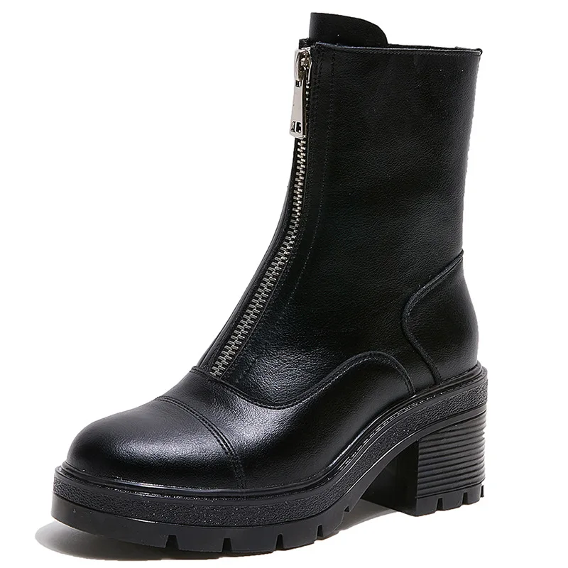 Черные кожаные полусапожки Новые модные женские высокие сапоги на толстом