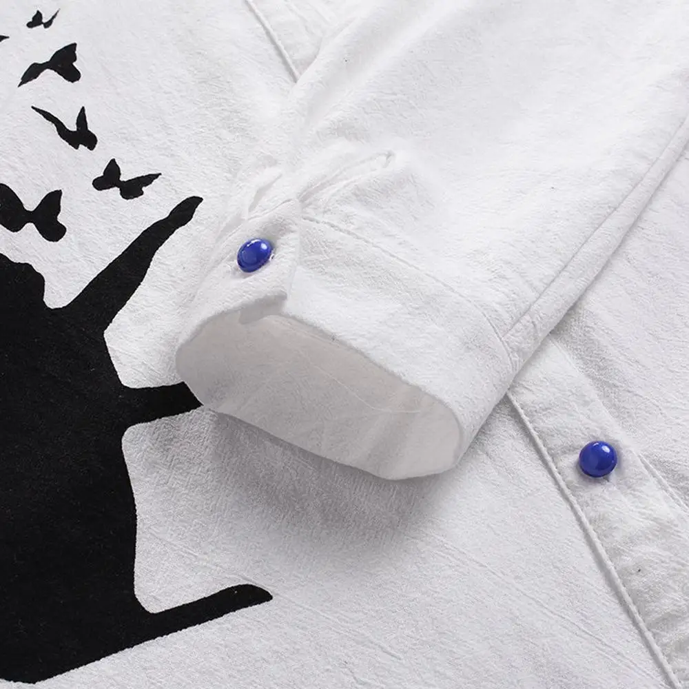 Женская винтажная блузка с принтом забавного кота разноцветными пуговицами и