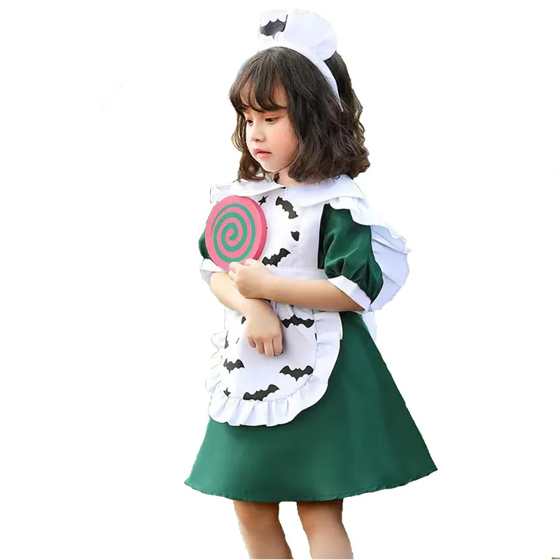 

Green And White Bat Printing Girls Halloween Maid Costumes Kids Children Vampire Cosplay Carnival Purim Role Playing Party Dress