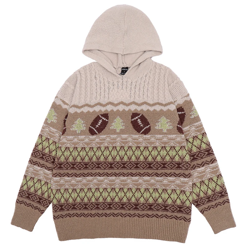 

Mens Harajuku Vintage Printed Patchwork Hooded 2021Winter Unisex Oversize Couple Knitwear Male Casual Black Pullover Streetwear