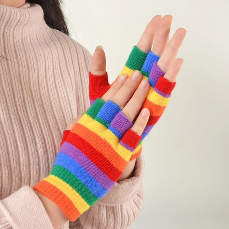 Kids Winter Knitted Full Half Finger Gloves Rainbow Colorful Striped Boys Girls Harajuku Outdoor Windproof Mittens 5-15Years Old |