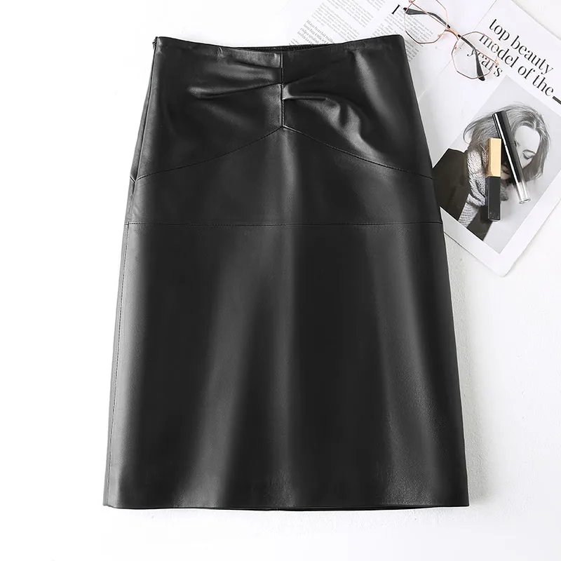 Chic Clothes Women Spring Femme Genuine Leather Wrinkled Wrap Skirt Mujer OL Thin Knee High Bodycon Dark Green/Black Saia Midi